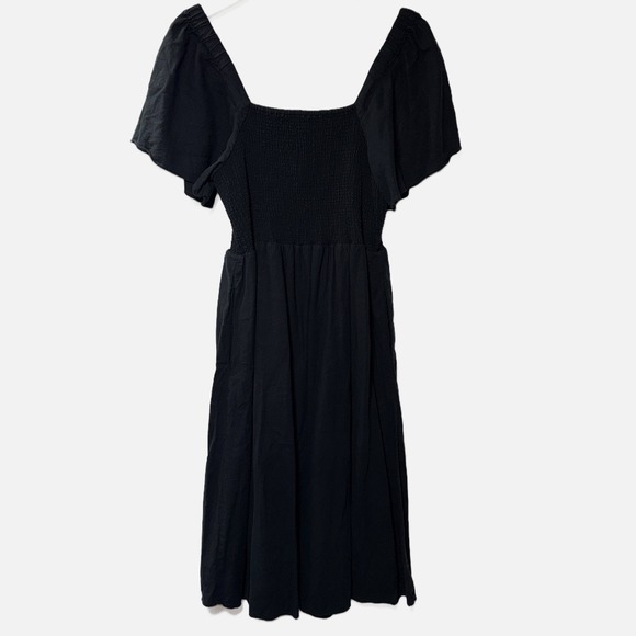 Madewell Lucie Black Smocked Square Neck Flutter Sleeve Linen Blend Midi Dress L - Picture 3 of 11